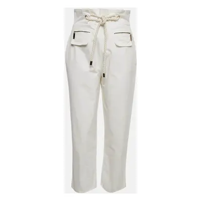 Elisabetta Franchi White Cotton Gabardine Rope Detail Trousers