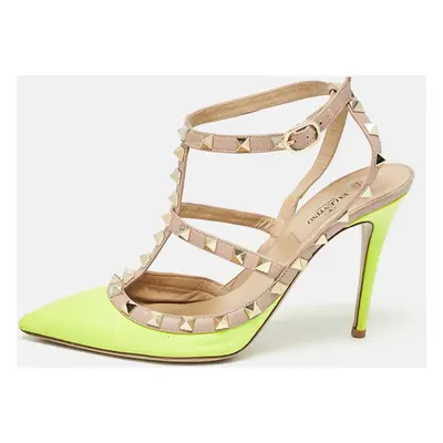 Valentino Green/Beige Pink Leather Rockstud Ankle Strap Pumps Size 38.5