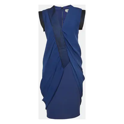 Sportmax Blue Gabardine and Satin Draped Style Sheath Dress