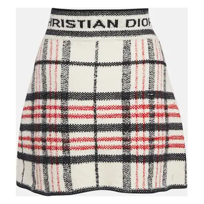 Dior White Plaid and Logo Pattern Tweed Mini Skirt