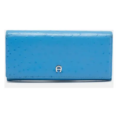 Aigner Blue Ostrich Embossed Leather Logo Continental Wallet