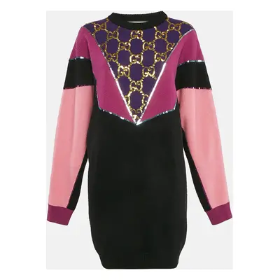 Gucci Black/Purple GG Sequin Embroidered Rib Knit Sweater Dress