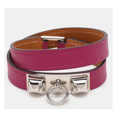 Hermes Purple Leather Rivale Palladium Plated Double Tour Bracelet