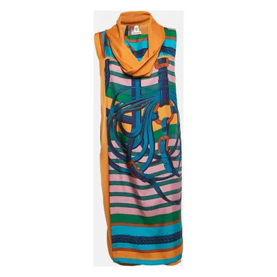 Hermès Blue/Brown Print Silk and Knit Sleeveless Shift Dress