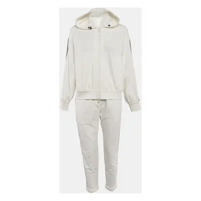 Brunello Cucinelli White Cotton Knit Monili Bead Detail Jacket and Pants Set