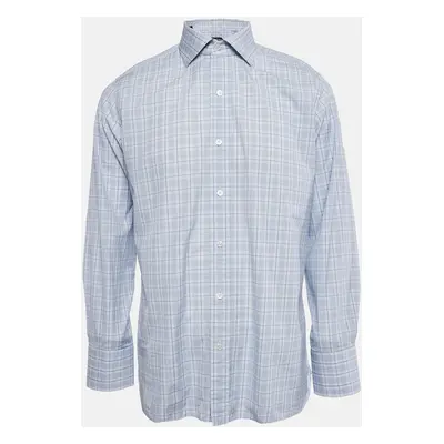 Tom Ford Blue Tartan Pattern Cotton Button Front Shirt