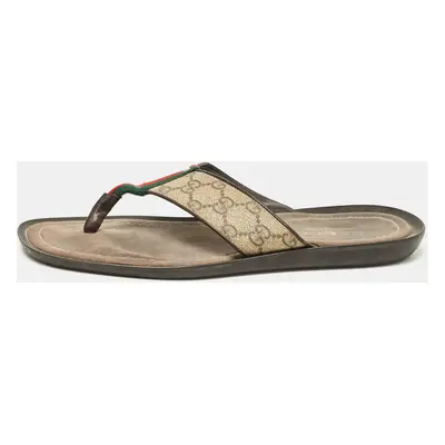 Gucci Brown/Beige Canvas and Leather Thong Sandals Size