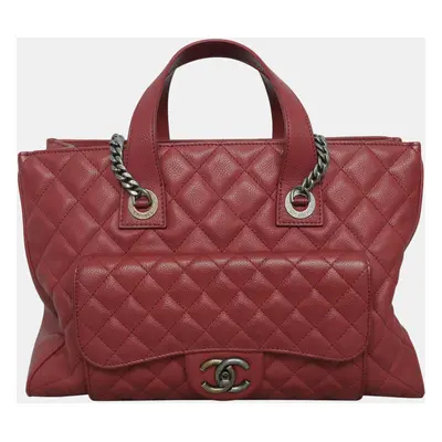 Chanel Red Caviar Leather Casual Pocket Tote Bag