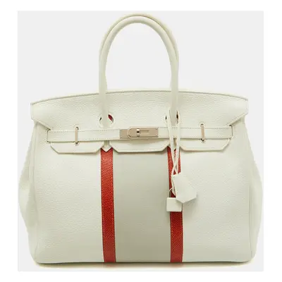 Hermes Blanc/Gris Perle/Sanguine Taurillon Clemence Leather Lizard Club Palladium Finish Birkin 