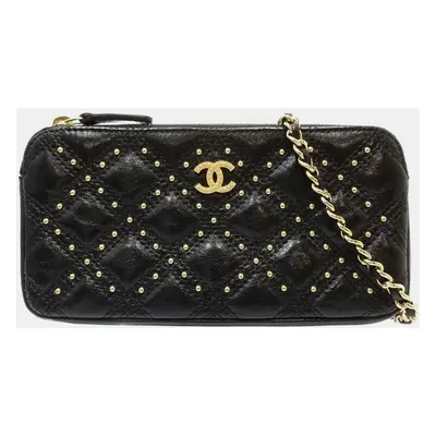 Chanel Black Lambskin Matelasse Coco Mark Wallet Chain Studs