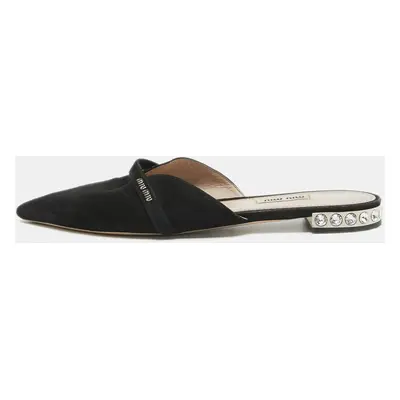 Miu Miu Black Suede Crystal Embellished Flat Mules Size 39.5