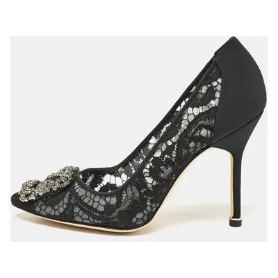 Manolo Blahnik Black Lace and Satin Hangisi Crystal Embellished Pumps Size 36.5