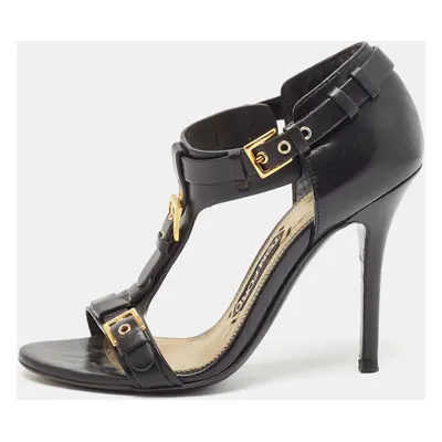 Tom Ford Black Leather Buckle Detail T-Strap Sandals Size