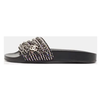 Chanel Black Intrecciato Leather Tropiconic Chain Detail Slides Size