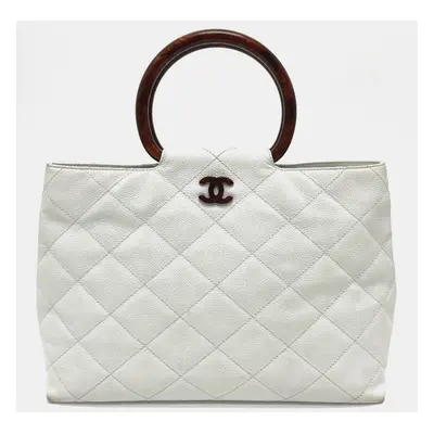 Chanel White X Brown cc Mark Round Handle Wood Style Hand Bag