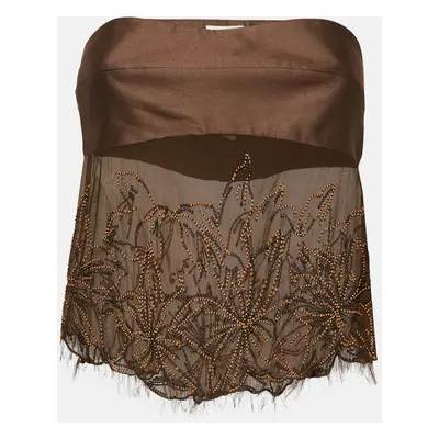 Valentino Brown Embellished Cotton and Silk Strapless Top