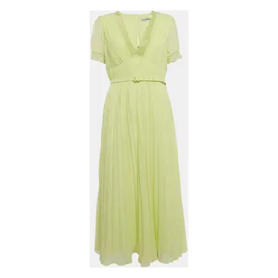 Self-Portrait Lime Green Chiffon Lace Trim Pleated Midi Dress