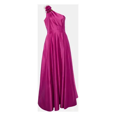 Notte By Marchesa Fuchsia Pink Duchess Satin Floral Applique One Shoulder Gown