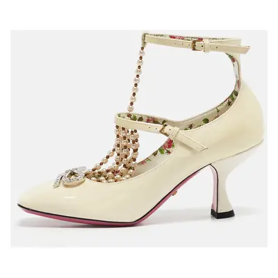 Gucci Cream Patent Leather Pearl Embellished T-Strap Pumps Size