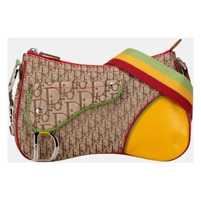 Christian Dior Beige Yellow Canvas Leather Dior Trotter Saddle Rasta Shoulder Bag