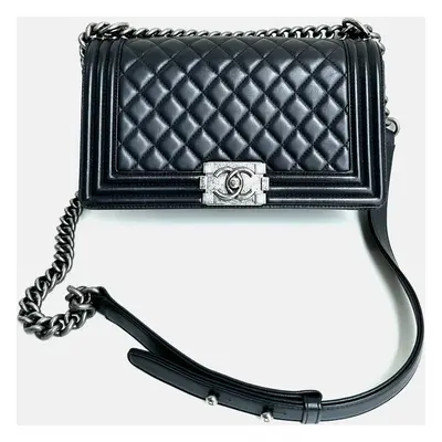 Chanel black and silver lambskin Leboy medium bag size