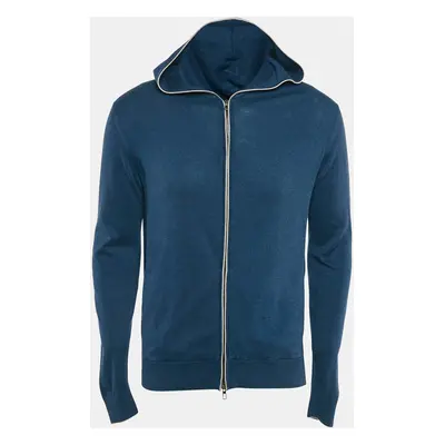 Loro Piana Blue Cashmere and Cotton Knit Hooded Leasure Bomber Jacket