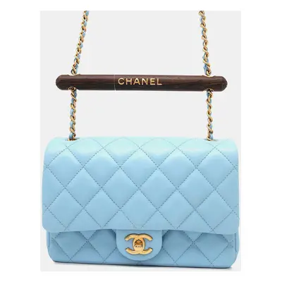 Chanel MTiers D'Art Wood Handle Chain shoulder Bag Light Blue Lambskin