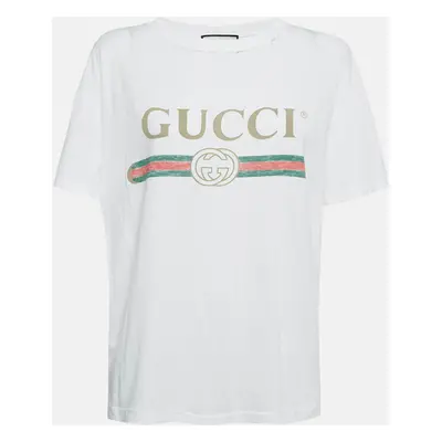 Gucci White Logo Print Distressed Cotton T-Shirt