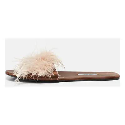 Prada Brown Satin Ostrich Feather Embellished Flat Slides Size