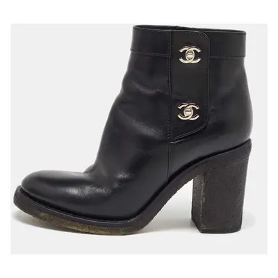 Chanel Black Leather CC Turn-Lock Block Heel Ankle Boots Size