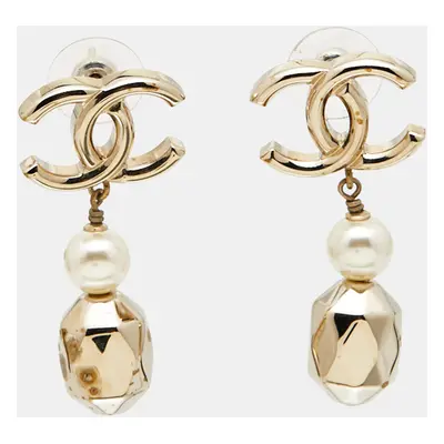 Chanel CC Faux Pearl Gold Tone Earrings