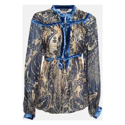 Roberto Cavalli Blue/Brown Printed Velvet Trim Silk Blouse