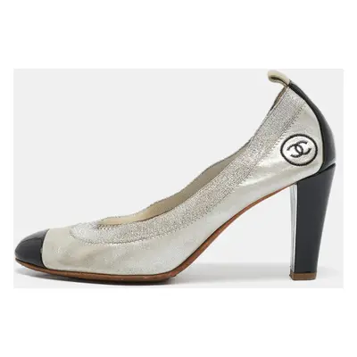 Chanel Silver/Black Leather and Elastic Lurex CC Scrunch Ballet Pumps Size