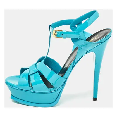 Saint Laurent Blue Patent Leather Tribute Platform Sandals Size