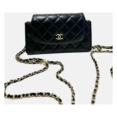 Chanel Black Gold Lambskin Leather Double Chain Large Phone Bag