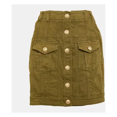 Balmain Olive Green Distressed Denim Accents Mini Skirt