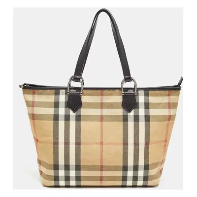 Burberry Beige/Black House Check Shimmer Fabric and Leather Nickie Tote