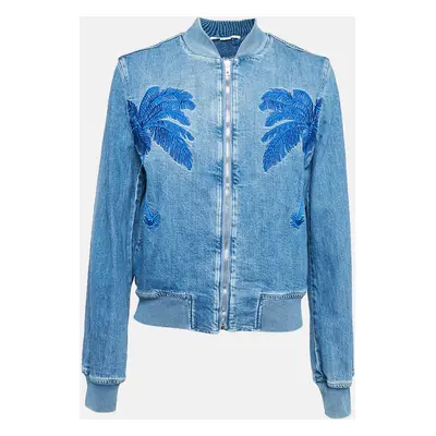 Stella McCartney Blue Palm Tree Embroidered Denim Zip-Up Jacket