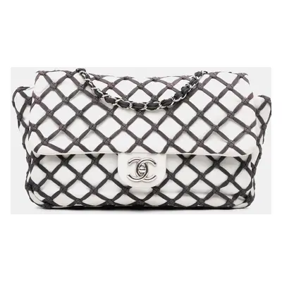 Chanel Black White Jumbo Calfskin Canebiers Net Flap