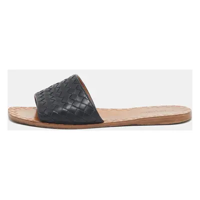 Bottega Veneta Black Leather Intrecciato Flat Slides Size