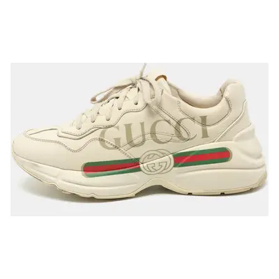 Gucci Cream Leather Rhyton Logo Low Top Sneakers Size