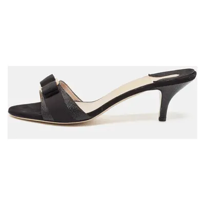 Salvatore Ferragamo Black Lizard Embossed Leather Vara Bow Slide Sandals Size