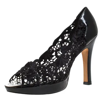 Rene Caovilla Black Lace Peep Toe Pumps Size