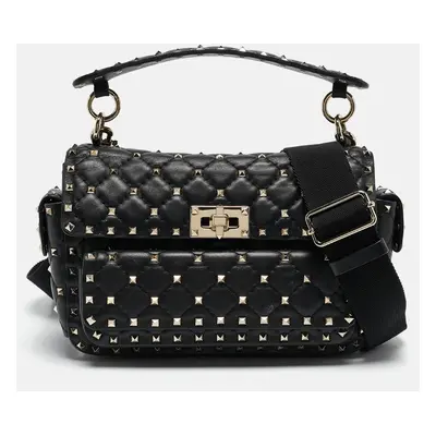 Valentino Black Quilted Leather Rockstud Spike Top Handle Bag