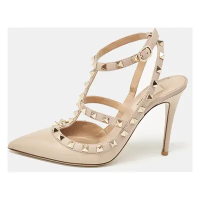 Valentino Beige Leather and Patent Rockstud Ankle Strap Pumps Size