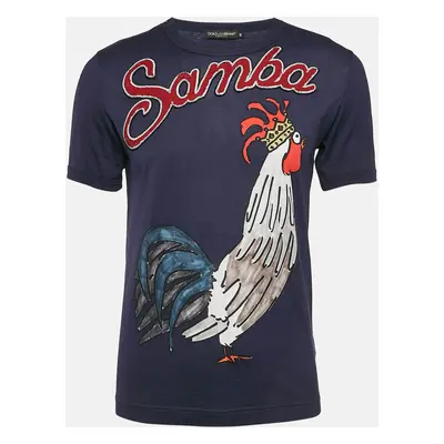 Dolce & Gabbana Navy Blue Rooster Print and Embellished Cotton T-Shirt