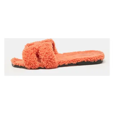 Hermes Orange Shearling Fur Oran Flat Slides Size