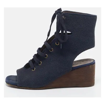 Chloe Navy Blue Canvas Lace Up Open Toe Wedge Booties Size