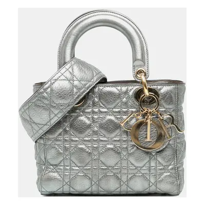 Dior Silver Small Metallic Calfskin Cannage Supple Lady Dior