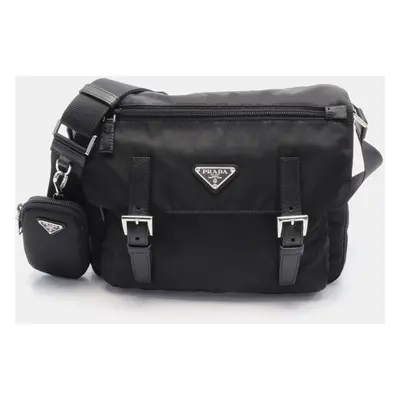 Prada Black Re-Nylon Medium Double Buckle Flap Messenger Bag